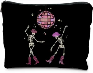 Funny Disco Dancing Skeleton Makeup Bag, Goth Gothic Skull Cosmetic for Women, Halloween Gifts, Dark Academia Makeup Pouch, Horror Bag