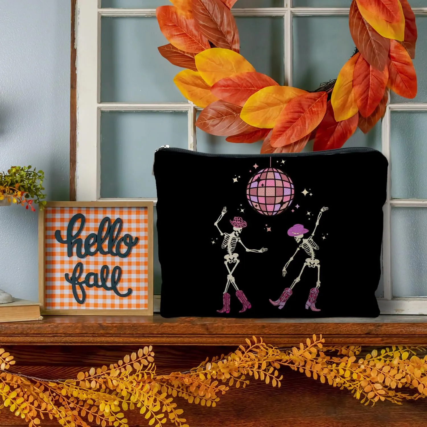 Funny Disco Dancing Skeleton Makeup Bag, Goth Gothic Skull Cosmetic for Women, Halloween Gifts, Dark Academia Makeup Pouch, Horror Bag
