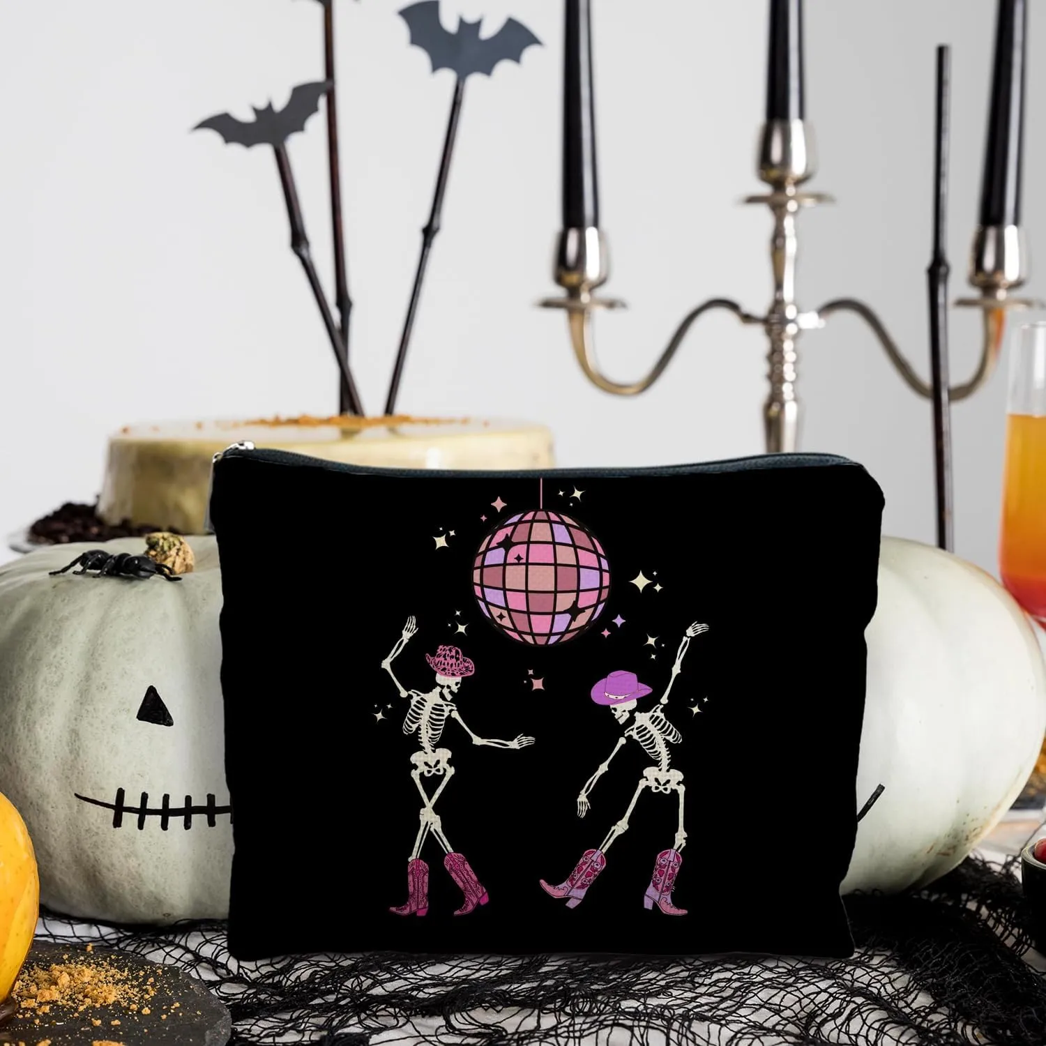 Funny Disco Dancing Skeleton Makeup Bag, Goth Gothic Skull Cosmetic for Women, Halloween Gifts, Dark Academia Makeup Pouch, Horror Bag