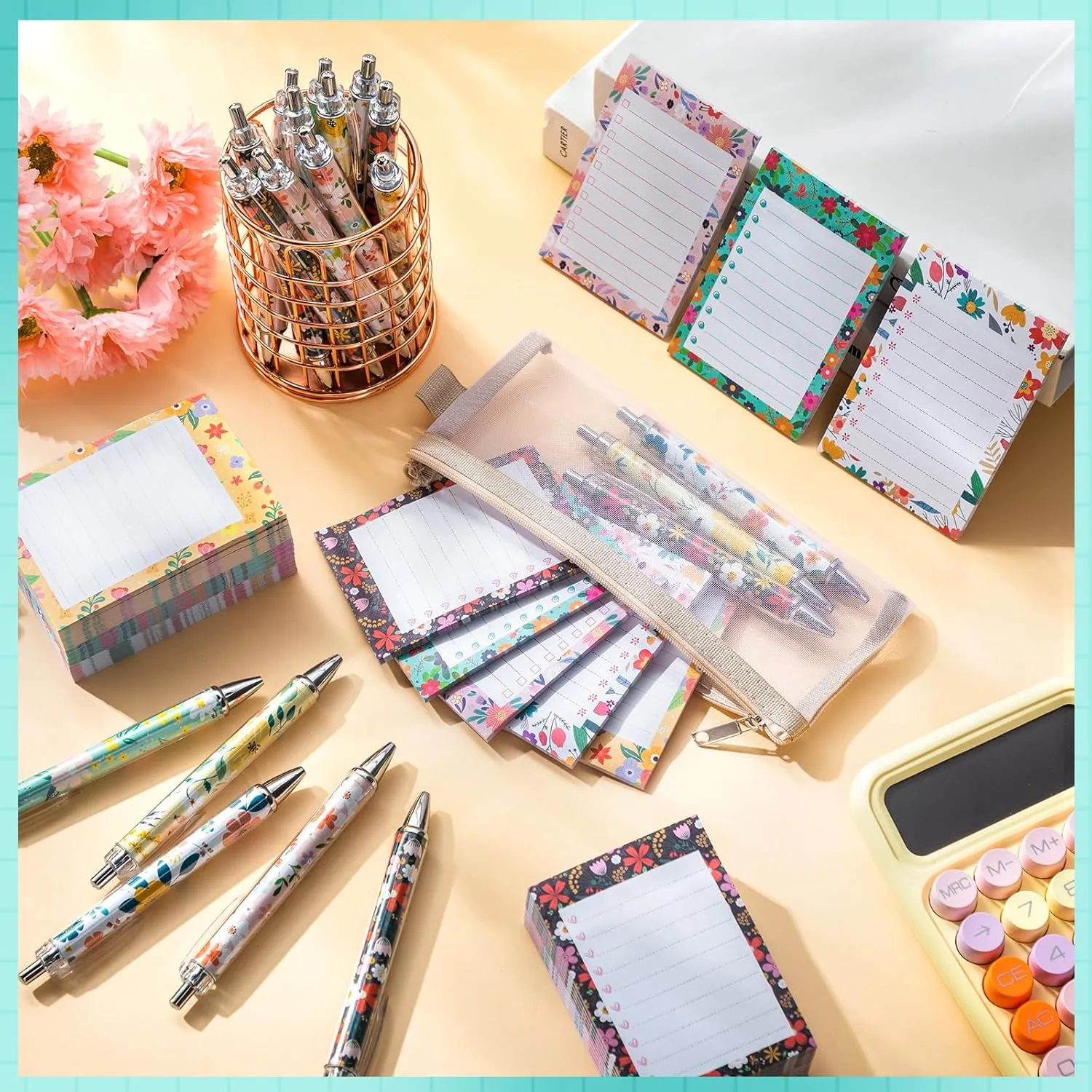 Fuutreo 30 Pcs Flower Notepads with Pens Flower Sticky Notes Funny Flower Ballpoint Pens Bulk Floral to Do List Memo Pads Floral Pens Flower Party Favors for Mother's Day School Office Holiday Gifts