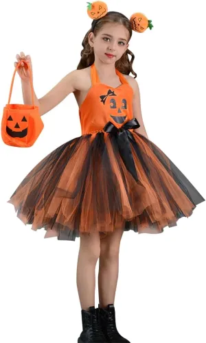 FYMNSI Kids Girls Pumpkin Layered Tulle Tutu Dress Headband Bag 3PCS Toddler Baby Birthday Halloween Cosplay Fancy Dress Up