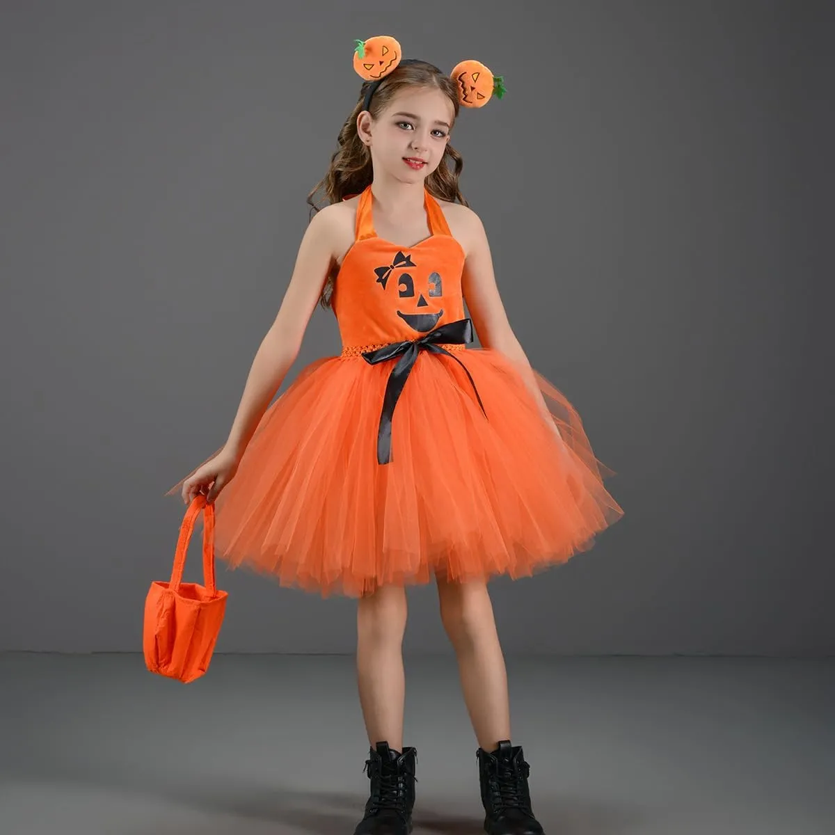FYMNSI Kids Girls Pumpkin Layered Tulle Tutu Dress Headband Bag 3PCS Toddler Baby Birthday Halloween Cosplay Fancy Dress Up