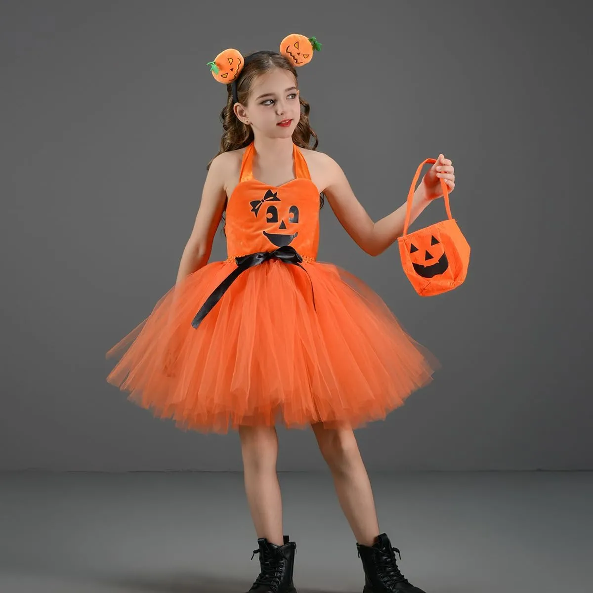 FYMNSI Kids Girls Pumpkin Layered Tulle Tutu Dress Headband Bag 3PCS Toddler Baby Birthday Halloween Cosplay Fancy Dress Up