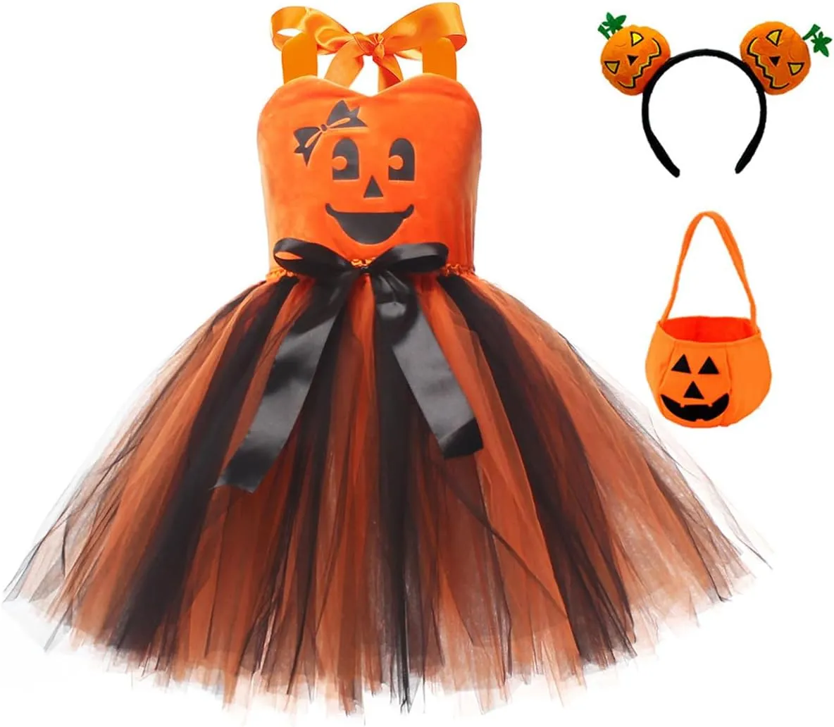 FYMNSI Kids Girls Pumpkin Layered Tulle Tutu Dress Headband Bag 3PCS Toddler Baby Birthday Halloween Cosplay Fancy Dress Up