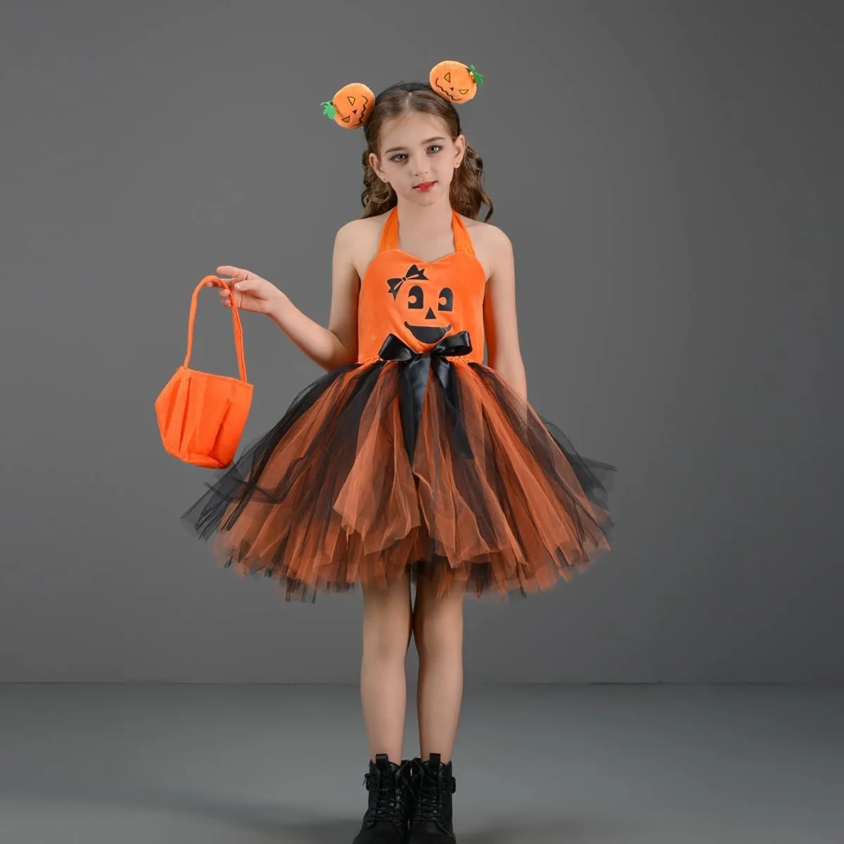 FYMNSI Kids Girls Pumpkin Layered Tulle Tutu Dress Headband Bag 3PCS Toddler Baby Birthday Halloween Cosplay Fancy Dress Up
