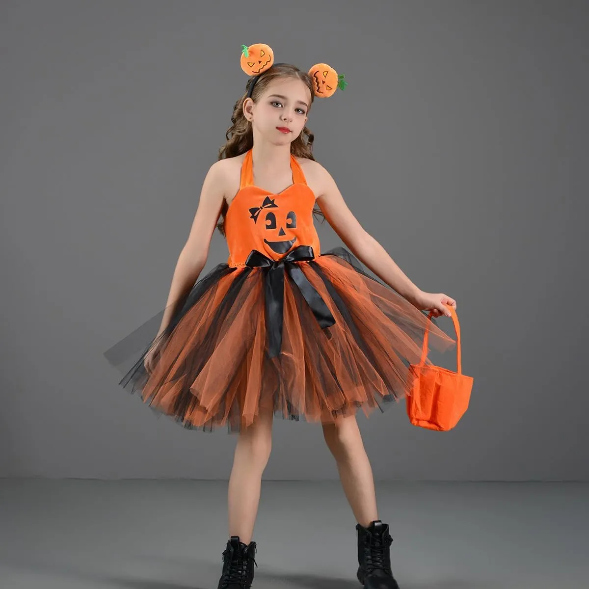 FYMNSI Kids Girls Pumpkin Layered Tulle Tutu Dress Headband Bag 3PCS Toddler Baby Birthday Halloween Cosplay Fancy Dress Up
