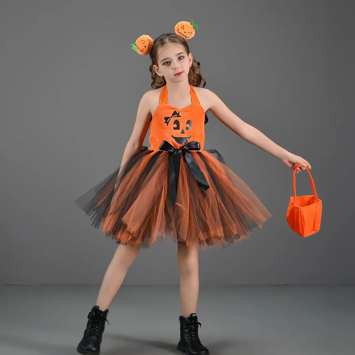 FYMNSI Kids Girls Pumpkin Layered Tulle Tutu Dress Headband Bag 3PCS Toddler Baby Birthday Halloween Cosplay Fancy Dress Up