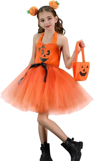 FYMNSI Kids Girls Pumpkin Layered Tulle Tutu Dress Headband Bag 3PCS Toddler Baby Birthday Halloween Cosplay Fancy Dress Up