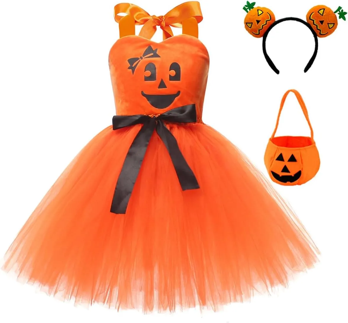FYMNSI Kids Girls Pumpkin Layered Tulle Tutu Dress Headband Bag 3PCS Toddler Baby Birthday Halloween Cosplay Fancy Dress Up