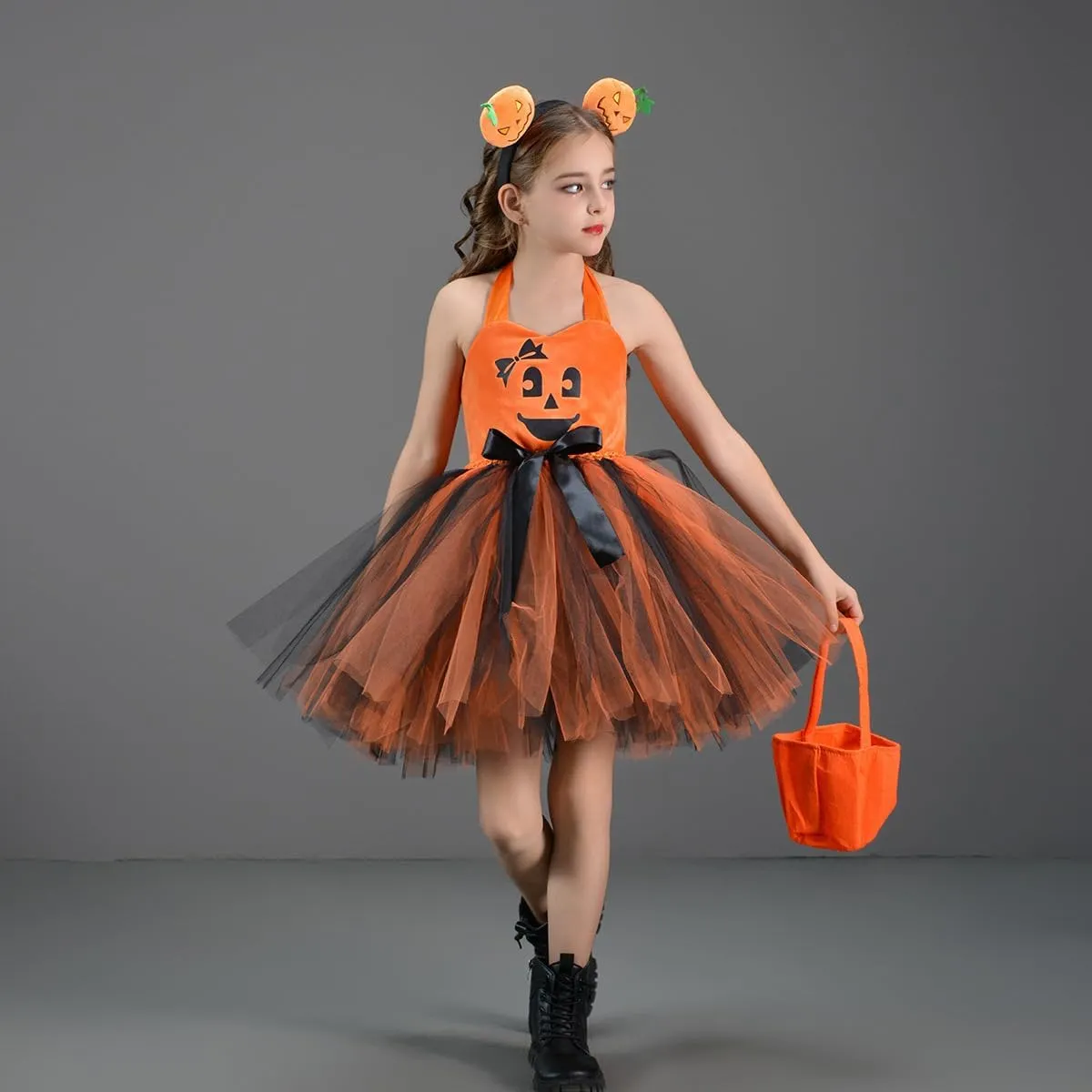 FYMNSI Kids Girls Pumpkin Layered Tulle Tutu Dress Headband Bag 3PCS Toddler Baby Birthday Halloween Cosplay Fancy Dress Up