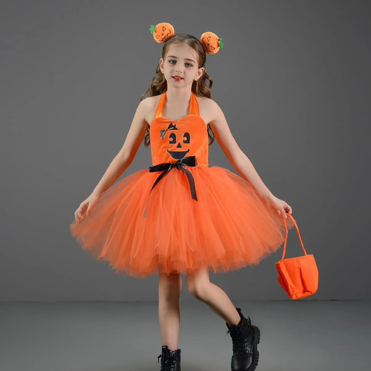 FYMNSI Kids Girls Pumpkin Layered Tulle Tutu Dress Headband Bag 3PCS Toddler Baby Birthday Halloween Cosplay Fancy Dress Up