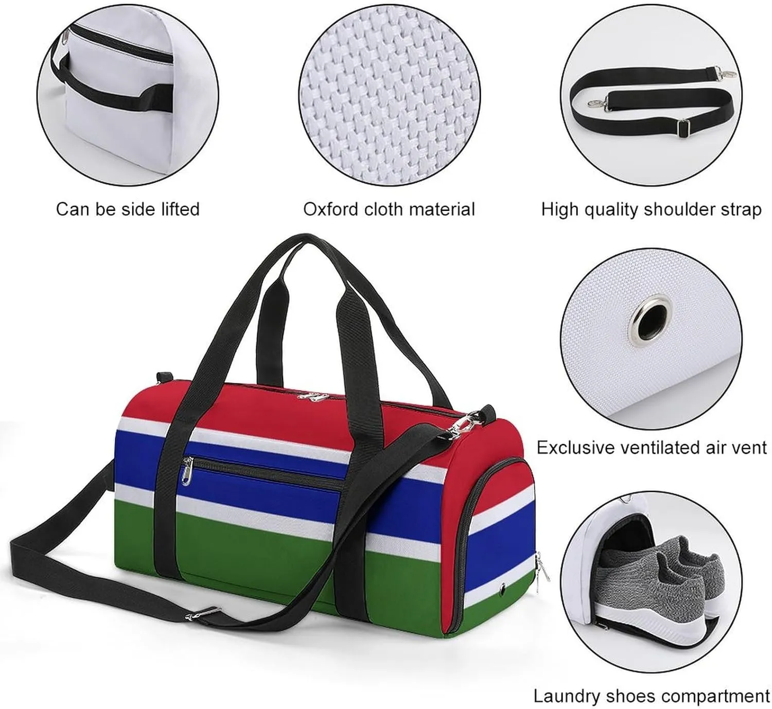 Gambia Flag Travel Gym Bag Waterproof Weekender with Shoe Compartment and Wet Pocket