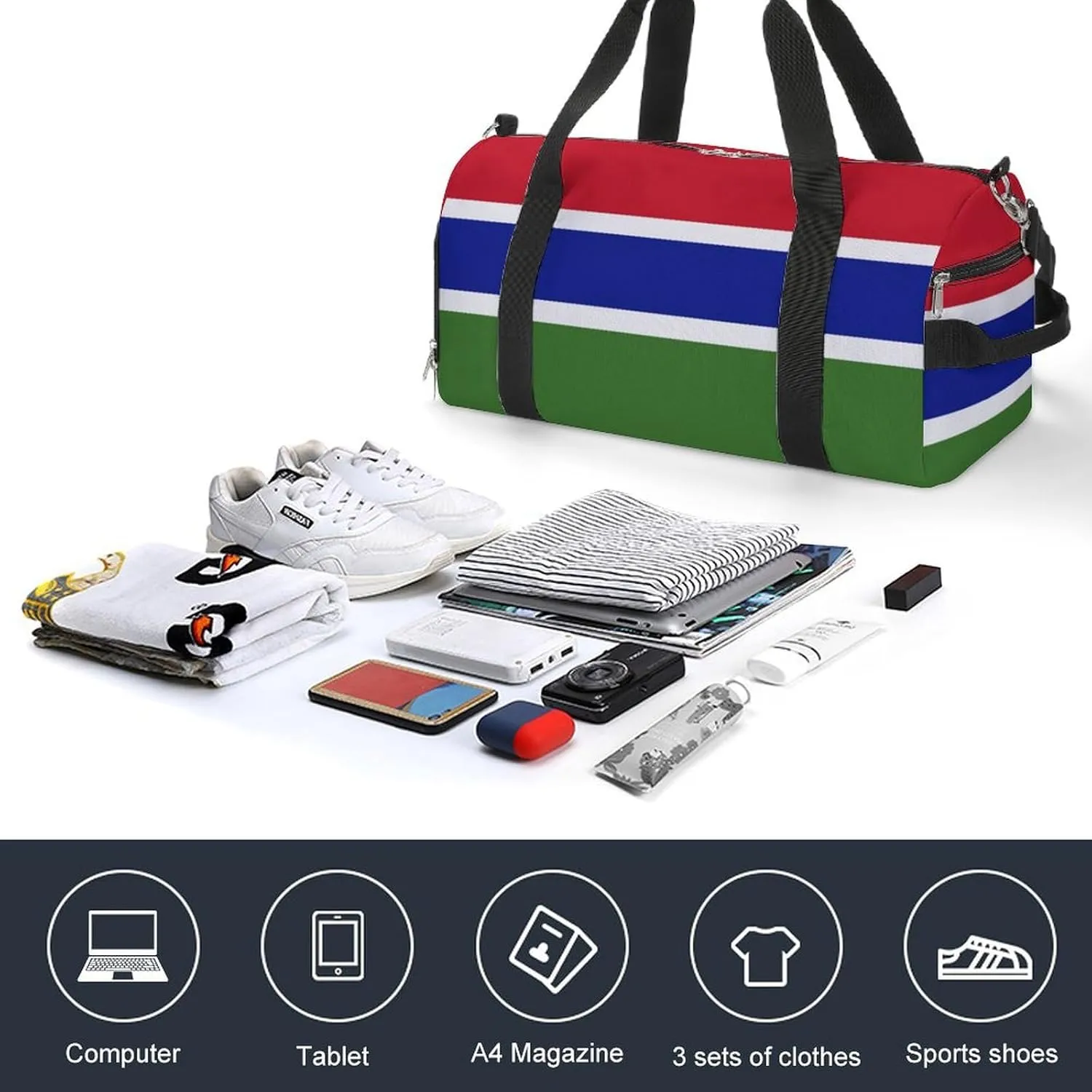 Gambia Flag Travel Gym Bag Waterproof Weekender with Shoe Compartment and Wet Pocket