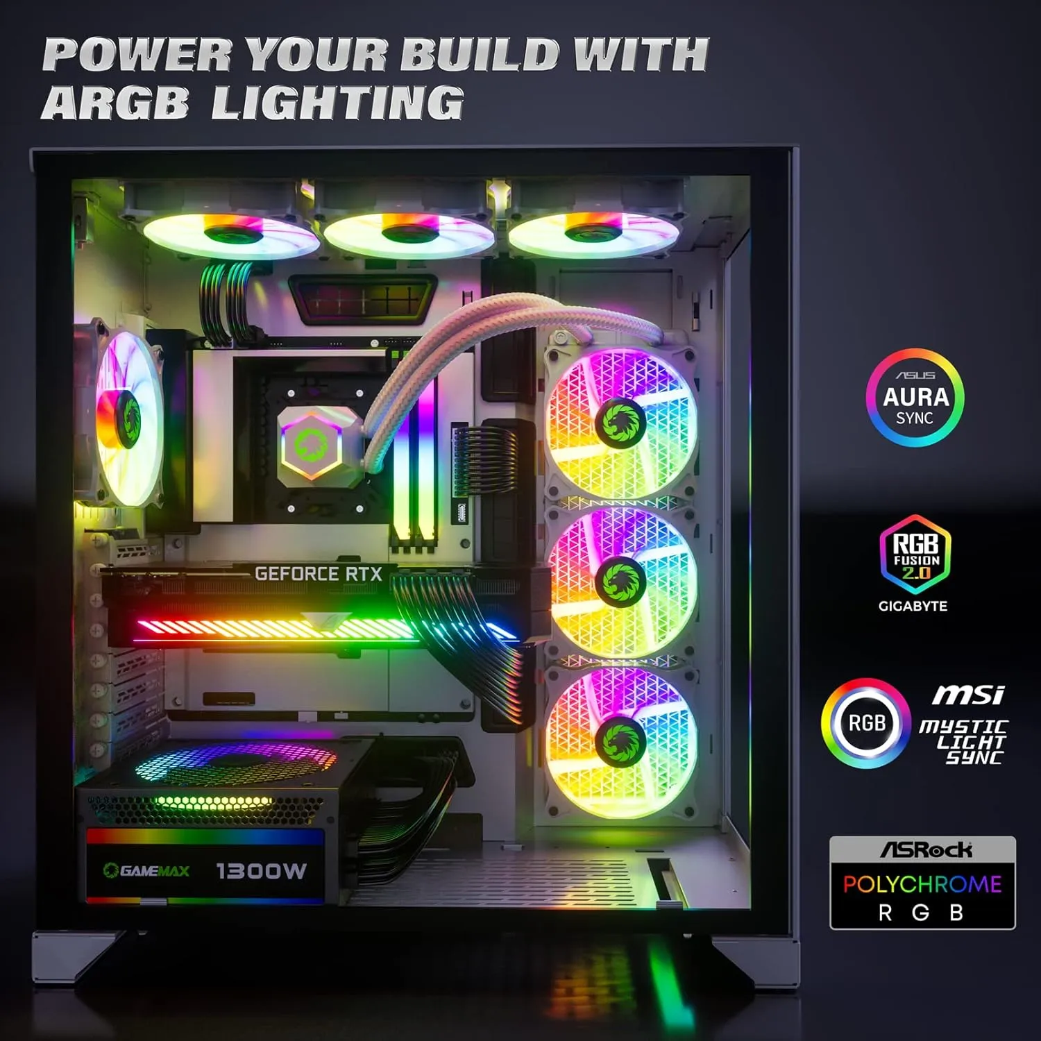 GAMEMAX 1300W Power Supply, ATX 3.0 & PCIE 5.0 Ready, 80  Platinum Certified, Addressable RGB with 5V Motherboard Sync, 100% Japanese Capacitors, Fully Modular, RGB-1300