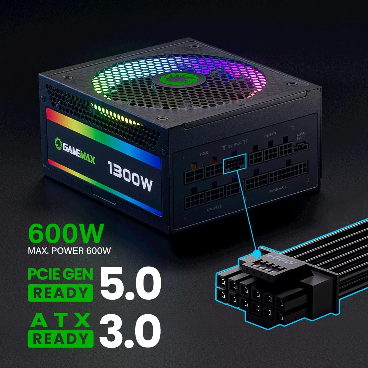 GAMEMAX 1300W Power Supply, ATX 3.0 & PCIE 5.0 Ready, 80  Platinum Certified, Addressable RGB with 5V Motherboard Sync, 100% Japanese Capacitors, Fully Modular, RGB-1300