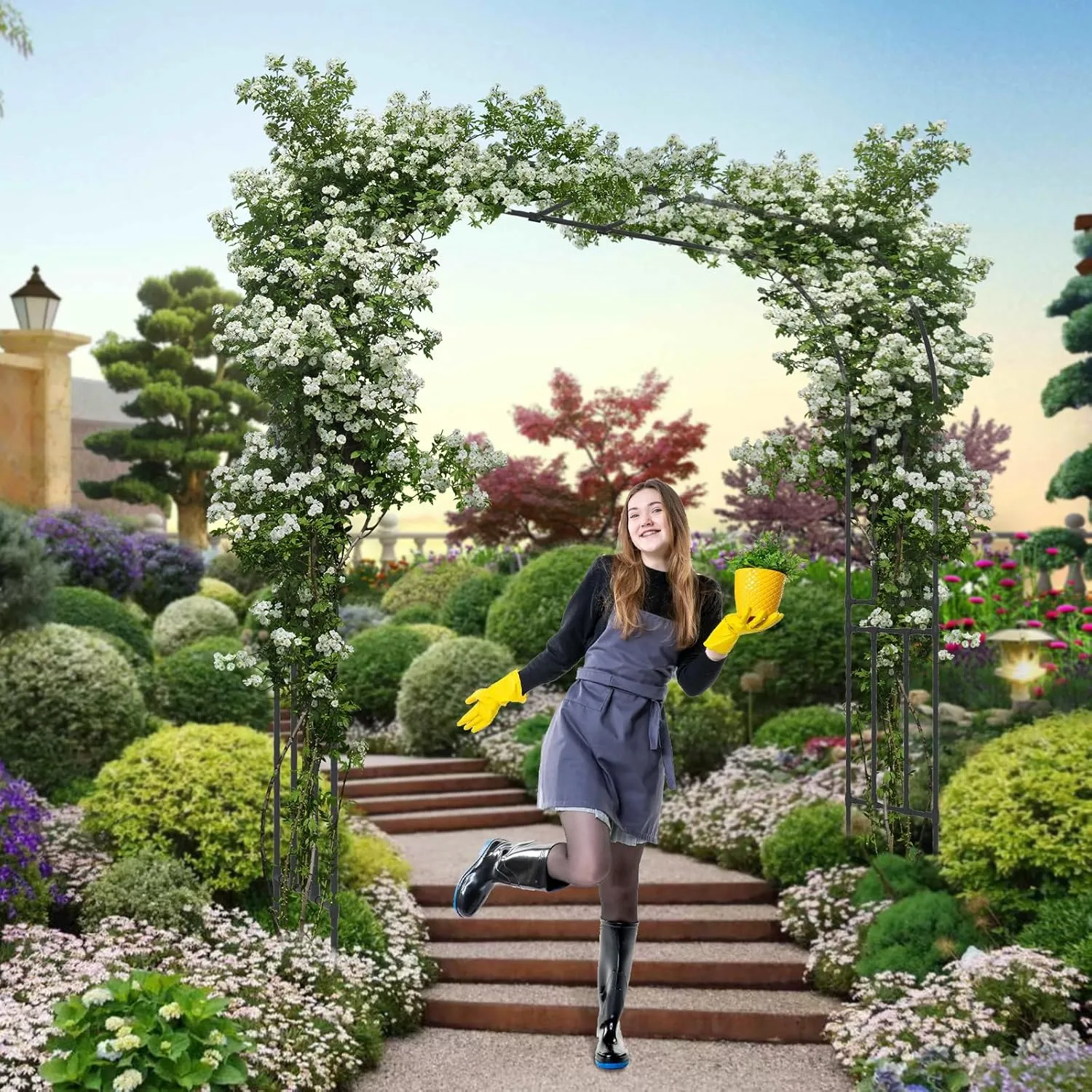 Garden Arch Trellis - Length: 98.5in, Height: 94.5in Garden Arch Arbor Trellis for Climbing Plants Outdoor - Garden Arch for Lawn, Party, Ceremony Wedding Decoration (Black)