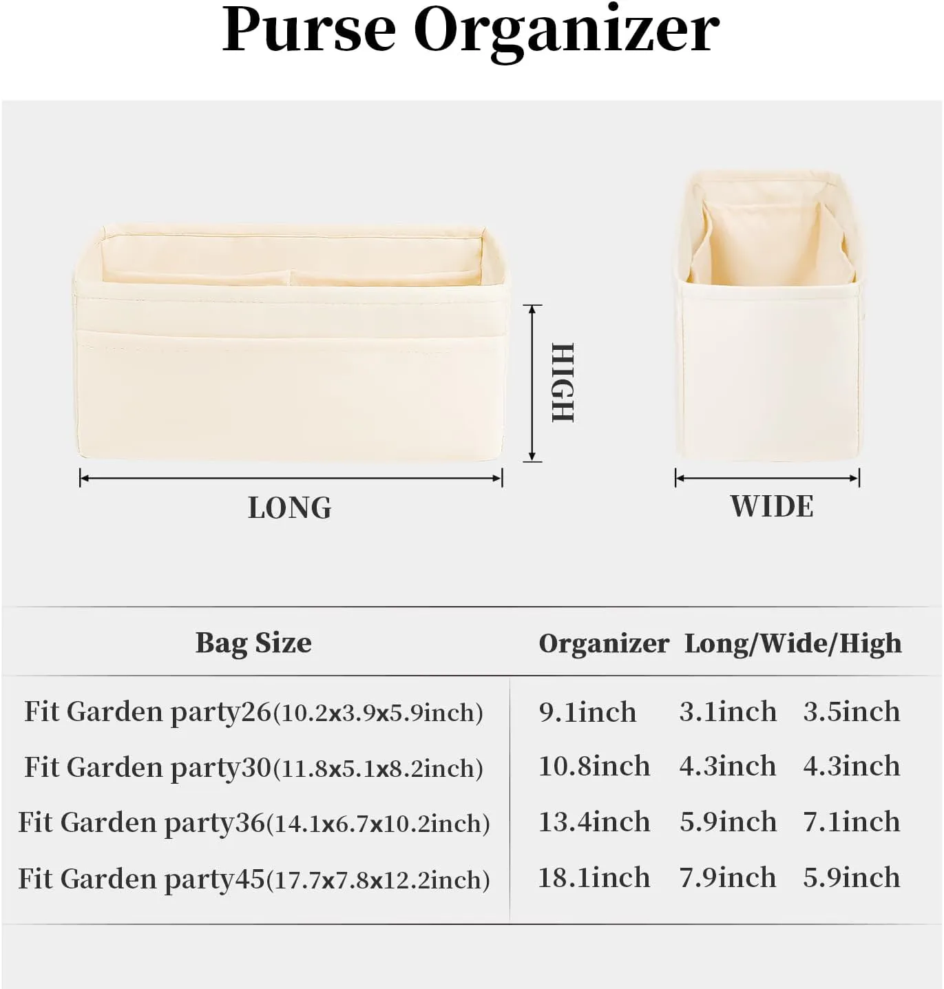 Garden Party 30 Insert, Bag Organizer Compatible with Hermes Garden Party Tote, Silk Fabric Bag-in-bag for Luxury Bags with Multiple Pockets for Storage (Craie, GP30)