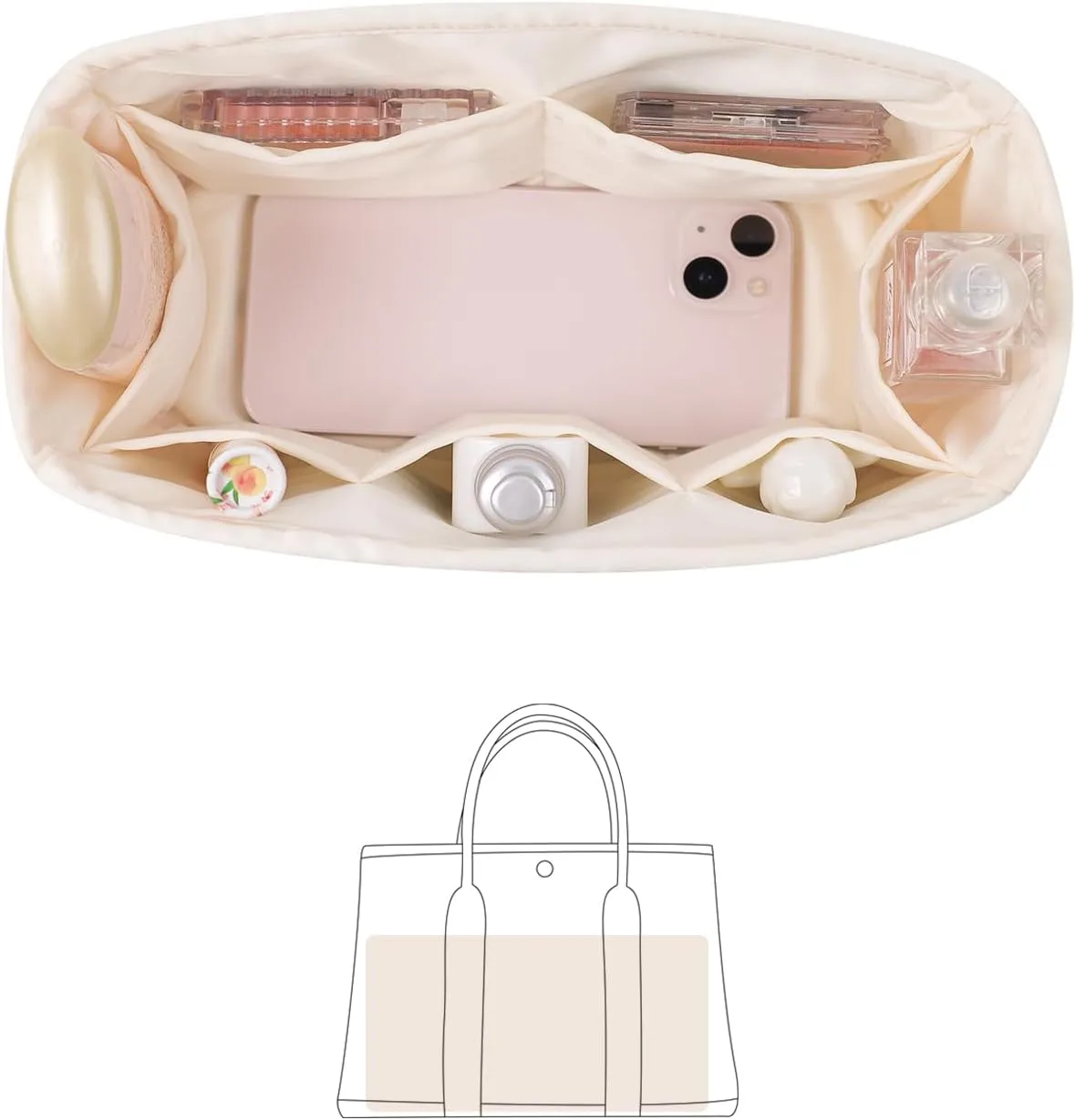 Garden Party 30 Insert, Bag Organizer Compatible with Hermes Garden Party Tote, Silk Fabric Bag-in-bag for Luxury Bags with Multiple Pockets for Storage (Craie, GP30)