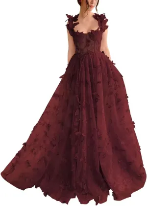 GARDOM 3D Butterfly Tulle Prom Dresses with Slit Fairy Ball Gown Lace Appliques Evening Formal Party Dress with Pockets Long