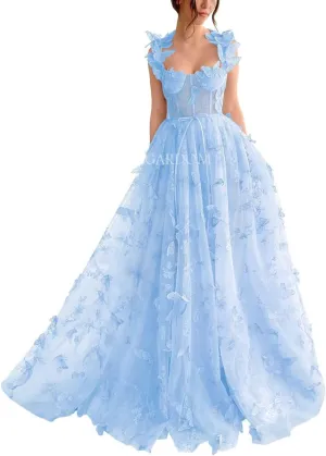GARDOM 3D Butterfly Tulle Prom Dresses with Slit Fairy Ball Gown Lace Appliques Evening Formal Party Dress with Pockets Long