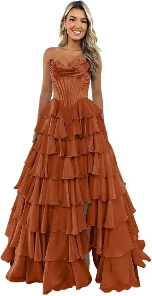 GATMAHE Tulle Floral Prom Dresses for Teens 2025 Tiererd Long Ball Gown Strapless Sweetheart Formal Evening Gowns with Slit