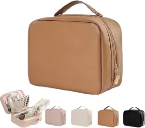 GDSAFS Multi Compartment Toiletry Bag, Multi-Compartment Toiletry Cosmetics Bag, Toiletry Cosmetics Bag Consulbefor for Makeup Travel (Brown)