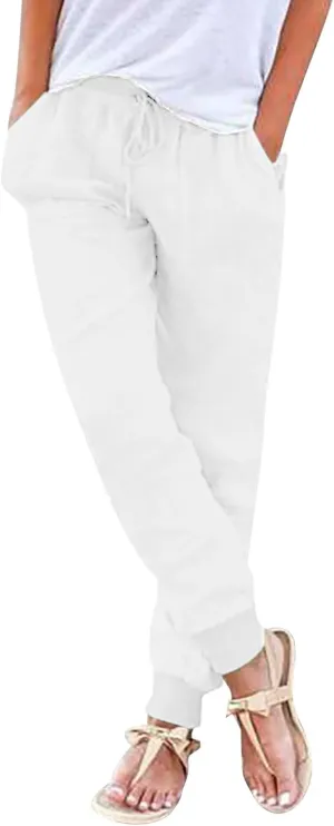 Generic Womens Cotton Linen Jogger Pants Summer Casual Drawstring Elastic Waist Lightweight Tapered Leg Joggers with Pockets