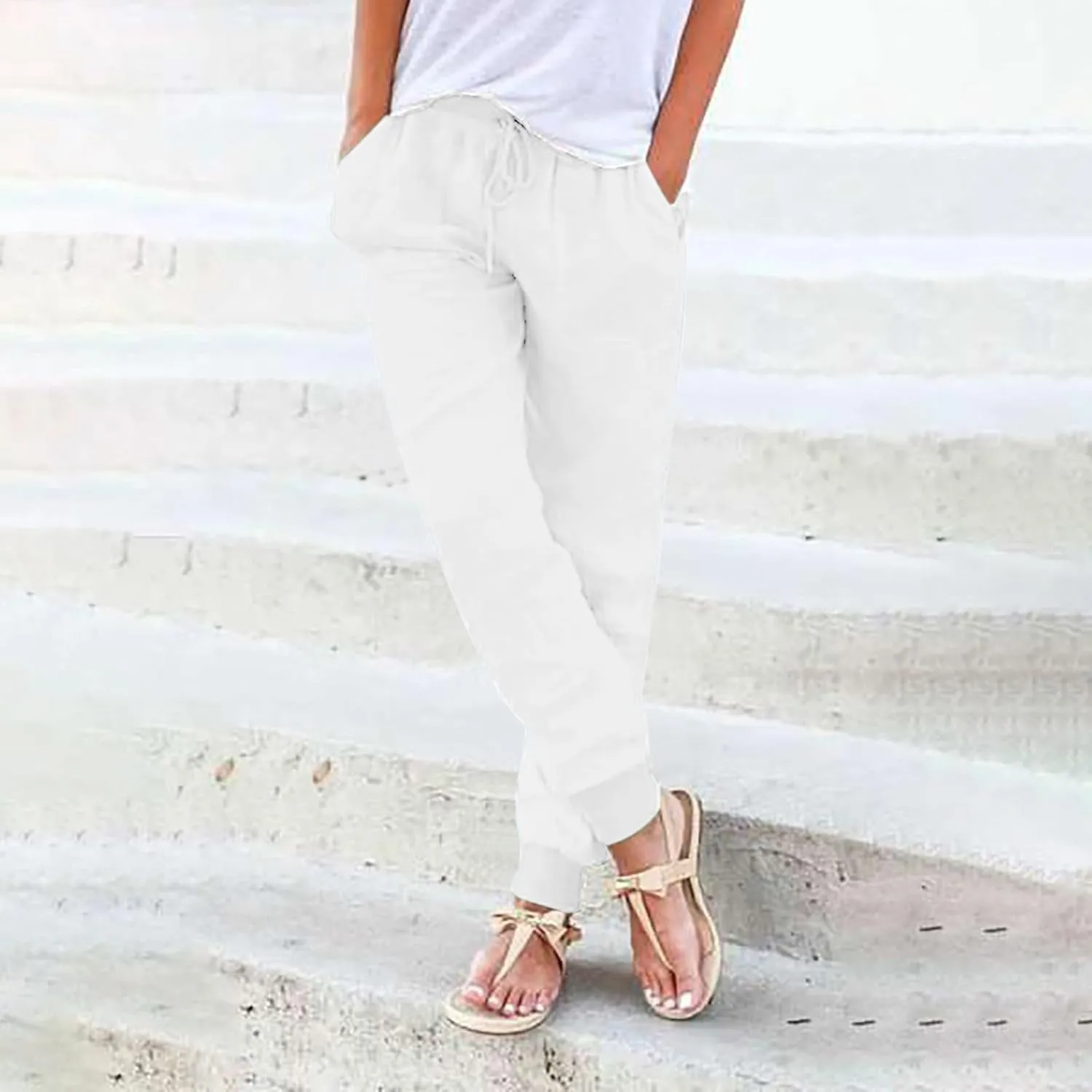 Generic Womens Cotton Linen Jogger Pants Summer Casual Drawstring Elastic Waist Lightweight Tapered Leg Joggers with Pockets