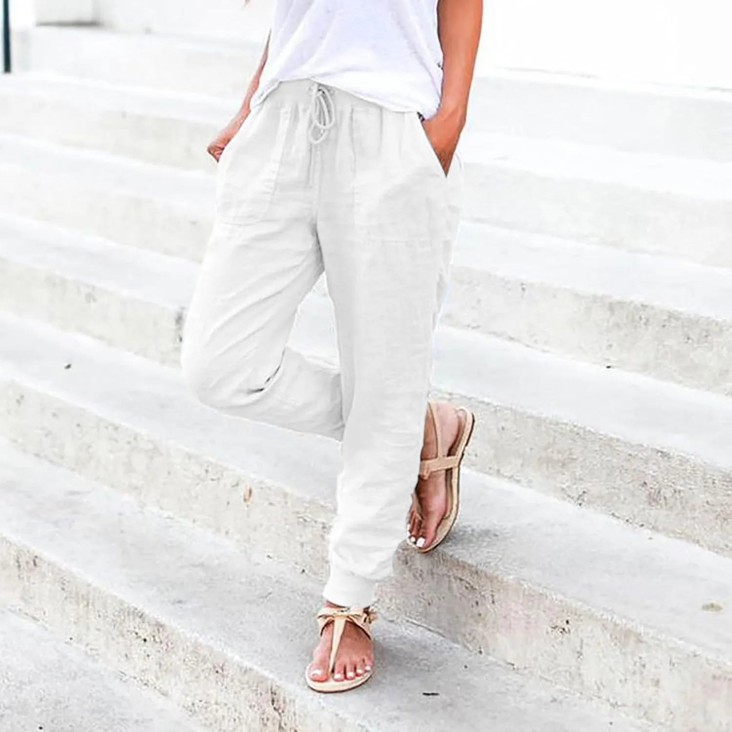 Generic Womens Cotton Linen Jogger Pants Summer Casual Drawstring Elastic Waist Lightweight Tapered Leg Joggers with Pockets