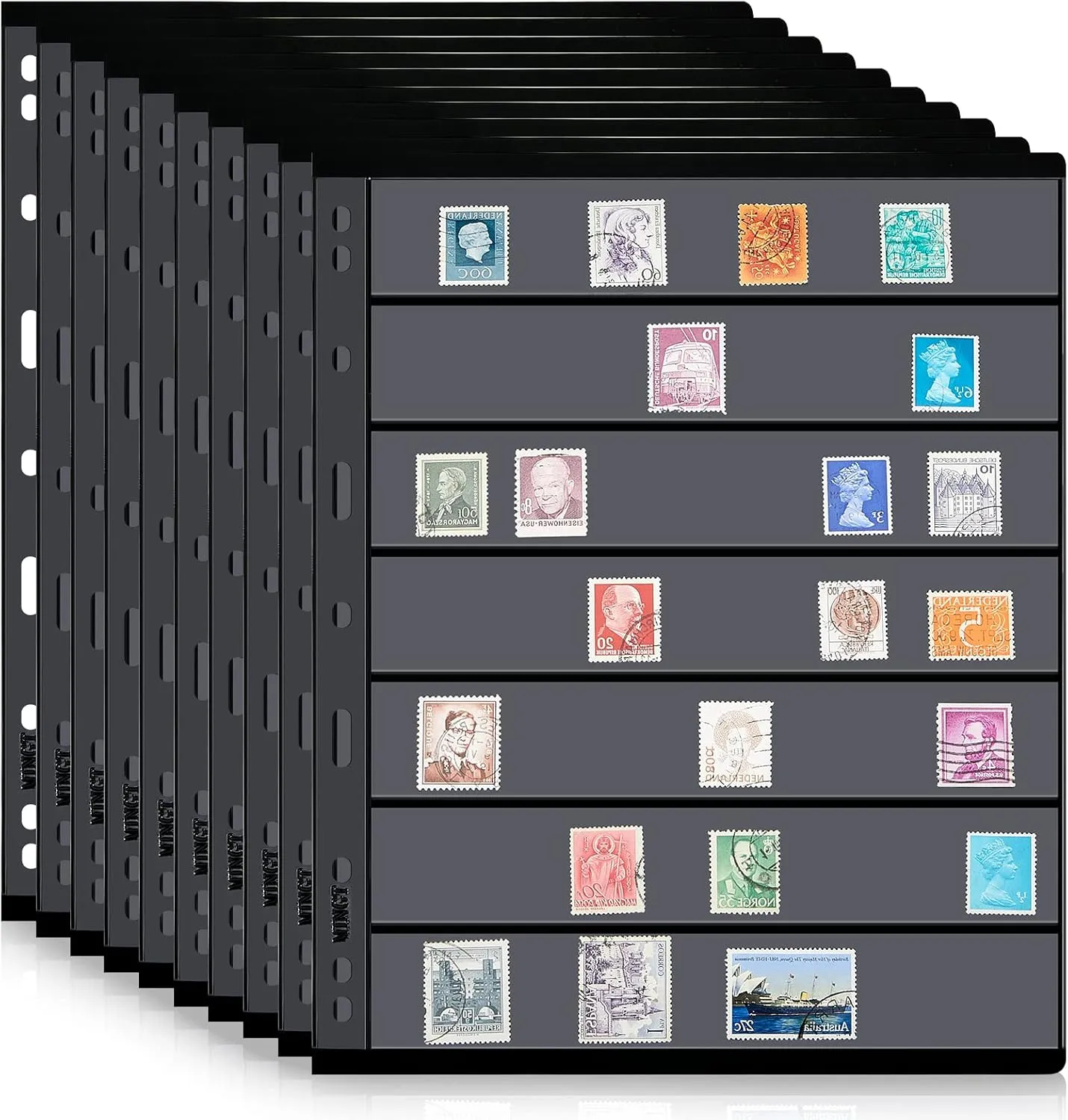 Gersoniel 10 Sheets Stamp Collecting Album Stamp Collecting Pages Supplies with Standard 9 Hole Binder Sleeves(7 Rows)