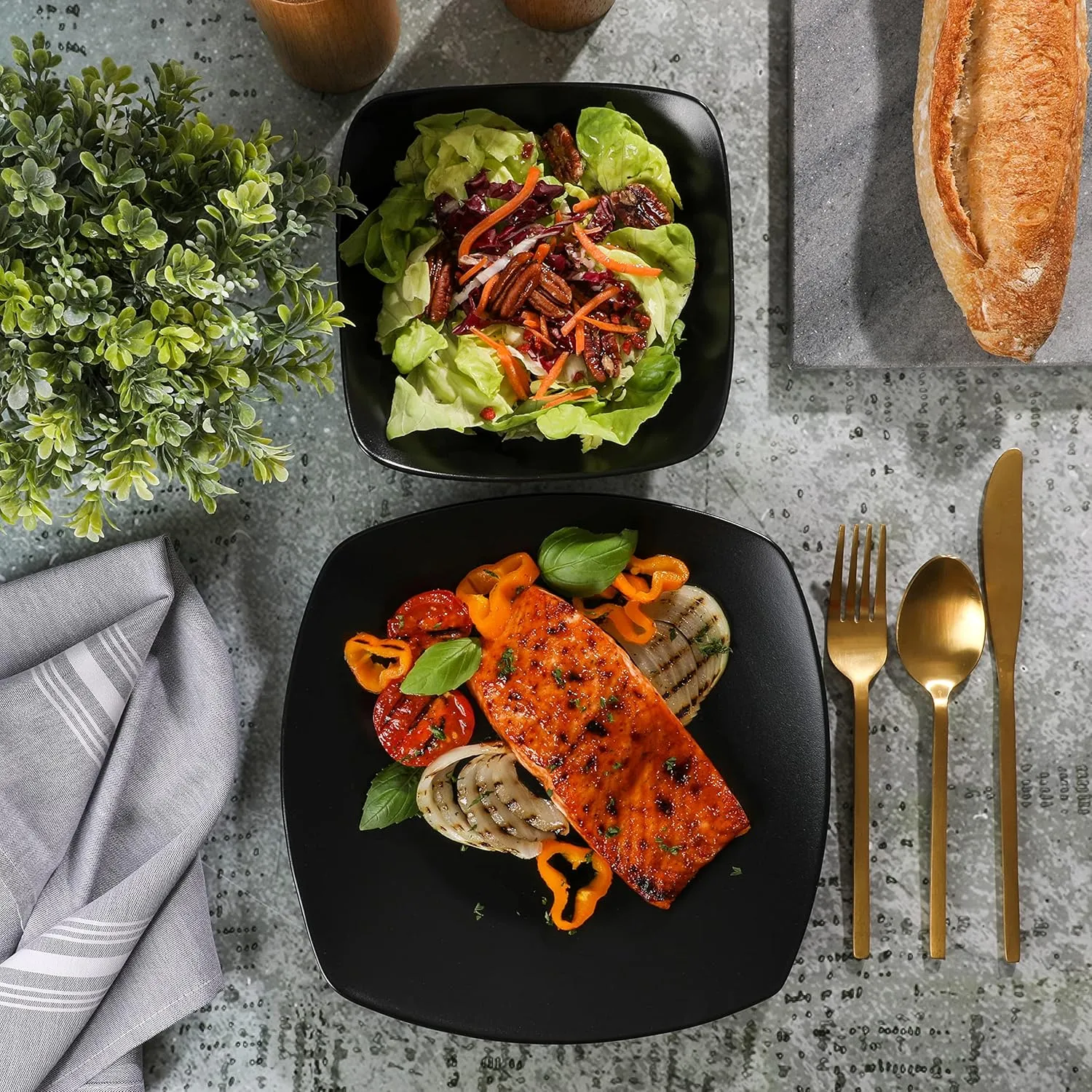 Gibson Home Zen Buffet Matte Porcelain Chip and Scratch Resistant Plates and Bowls Dinnerware Set - Black, Service for 4 (8pcs)