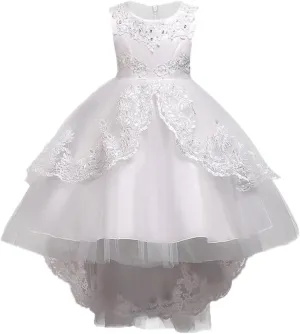 Girl Dress Embroidery Birthday Sleeveless Wedding Trail Puffy Tulle Layer Skirt Hem