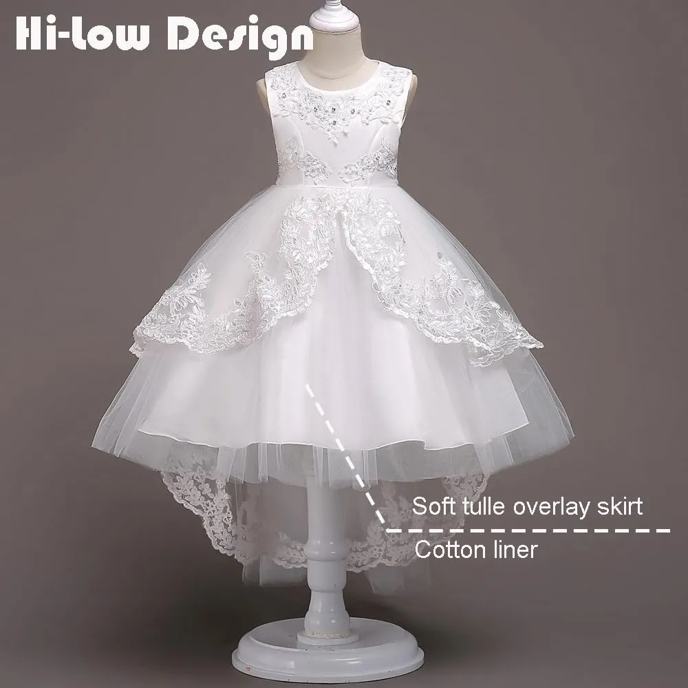 Girl Dress Embroidery Birthday Sleeveless Wedding Trail Puffy Tulle Layer Skirt Hem