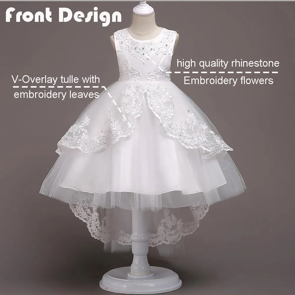 Girl Dress Embroidery Birthday Sleeveless Wedding Trail Puffy Tulle Layer Skirt Hem