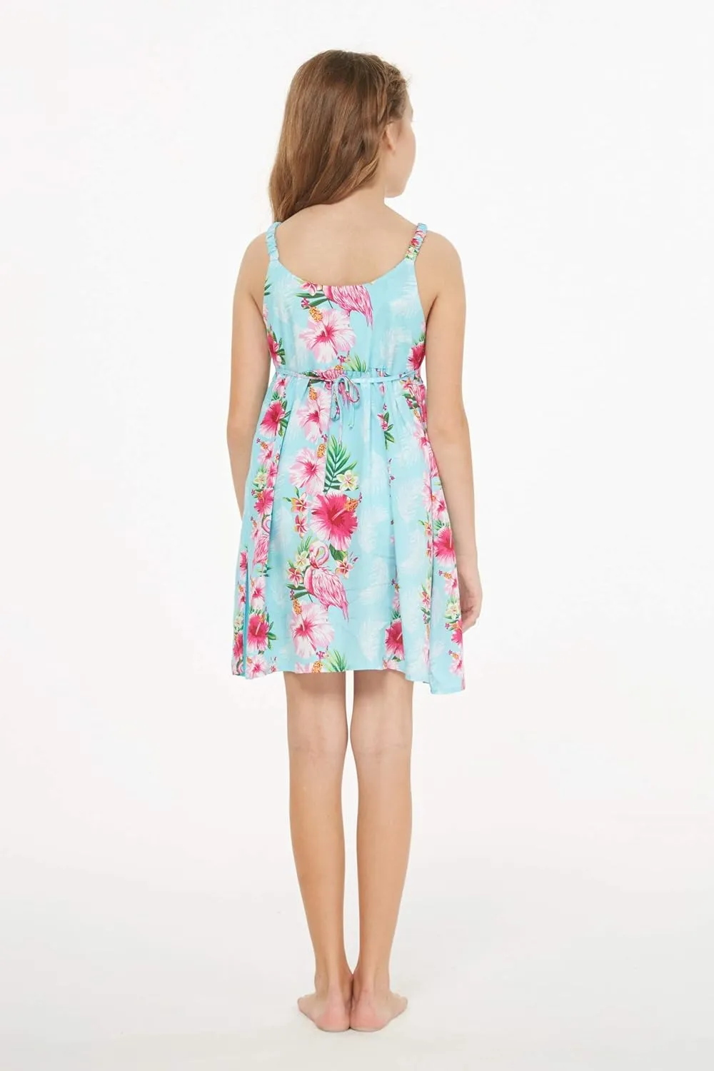 Girl Hawaiian Classic Empire Dress with Elastic Strap in Pink White Hibiscus Vine