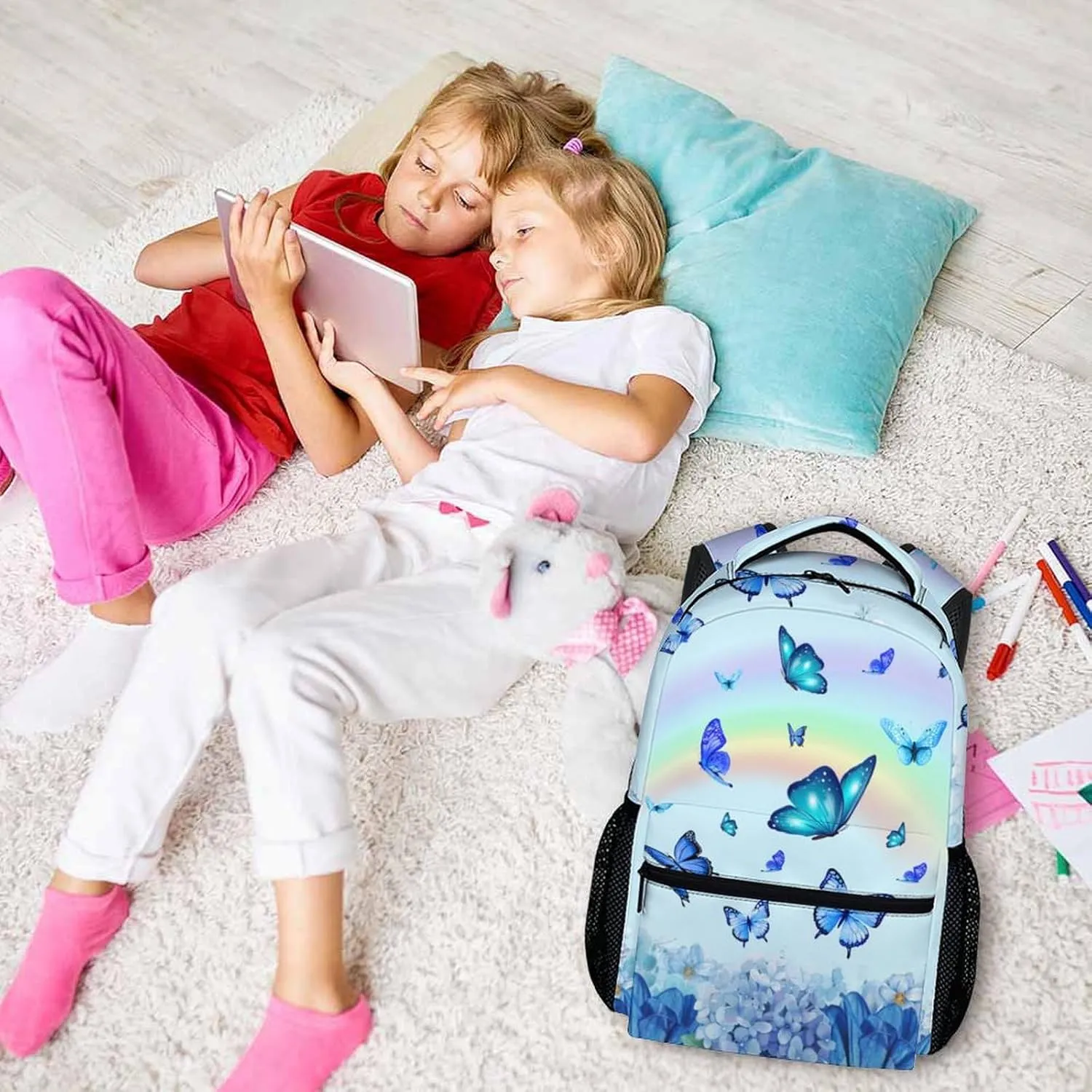 Girls Bookbag for School - Butterfly Backpack for Girls Women - Cute Blue Large Capacity School Bag for Preschool Elementary - Aesthetic Butterflies Daypack for Travel Casual