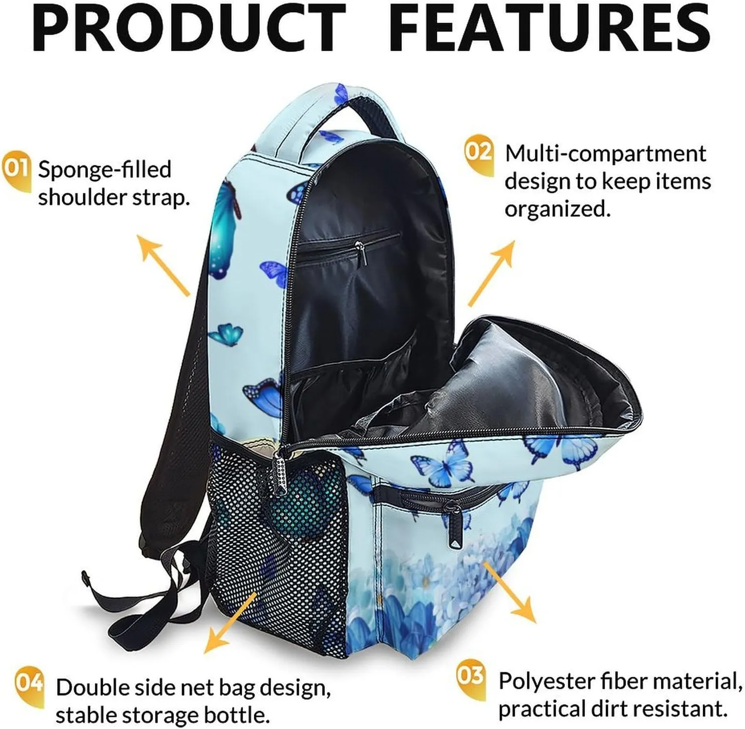 Girls Bookbag for School - Butterfly Backpack for Girls Women - Cute Blue Large Capacity School Bag for Preschool Elementary - Aesthetic Butterflies Daypack for Travel Casual