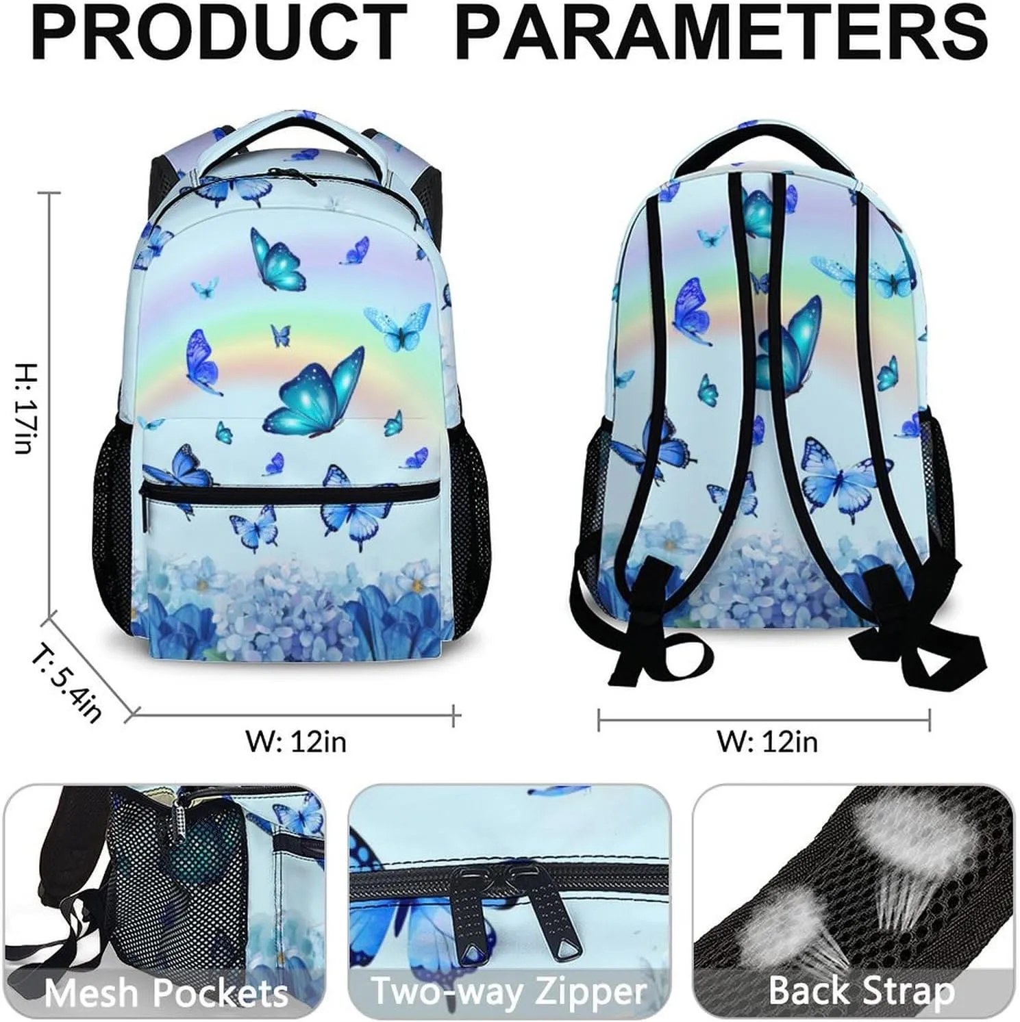 Girls Bookbag for School - Butterfly Backpack for Girls Women - Cute Blue Large Capacity School Bag for Preschool Elementary - Aesthetic Butterflies Daypack for Travel Casual