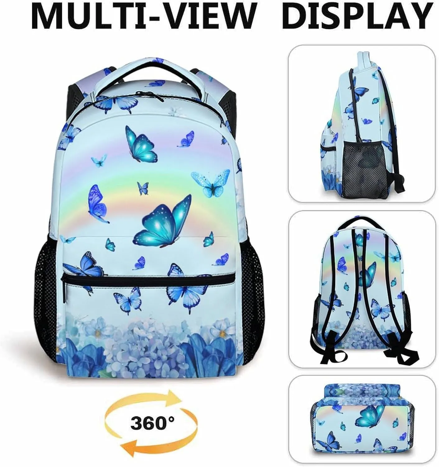 Girls Bookbag for School - Butterfly Backpack for Girls Women - Cute Blue Large Capacity School Bag for Preschool Elementary - Aesthetic Butterflies Daypack for Travel Casual