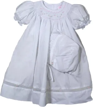 Girls Dress White Bishop Smocked Dress and Bonnet 9 Months