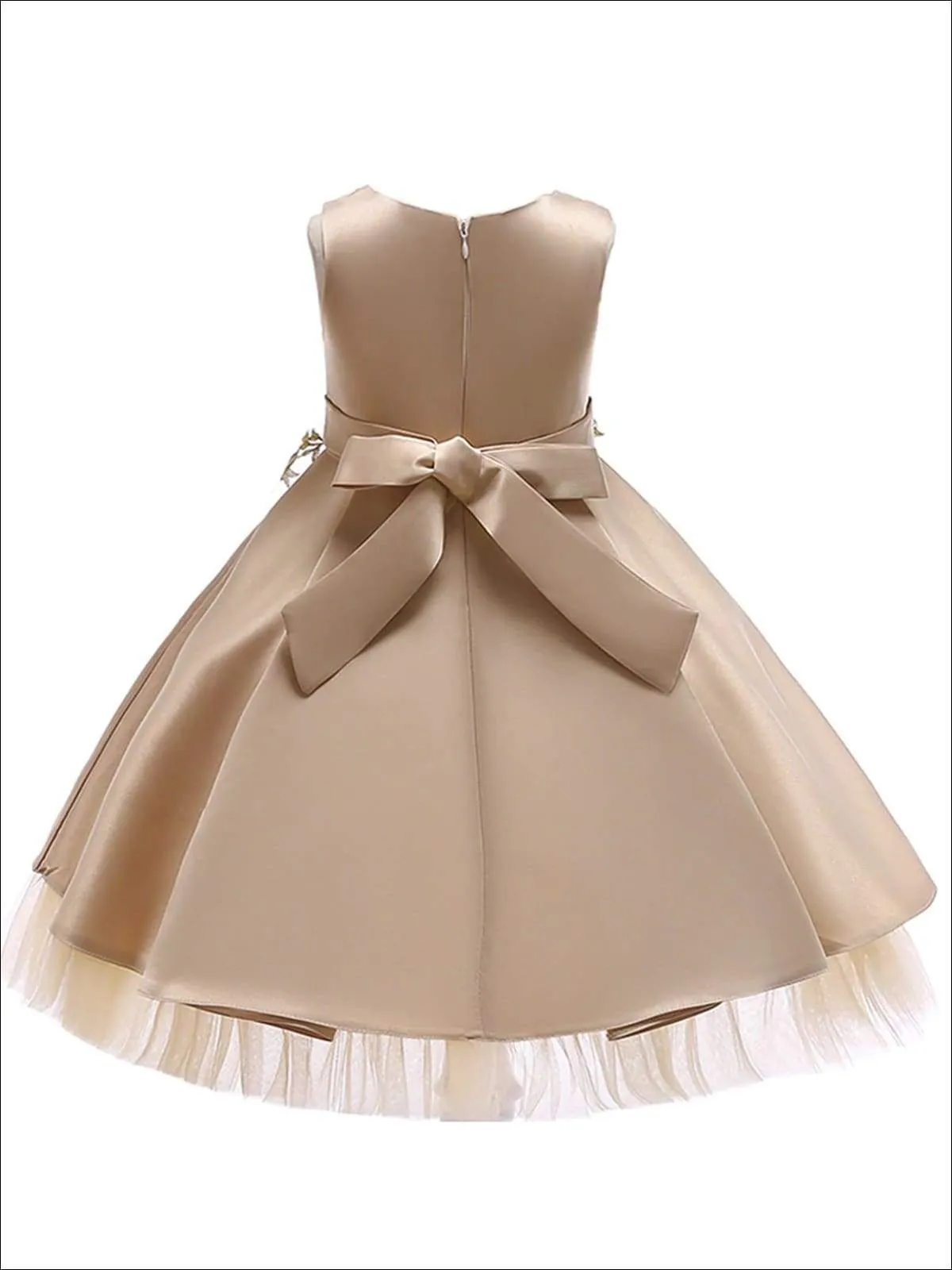 Girls Gold Pearl Embellished Tiered Holiday Dress With Flower Embroidery