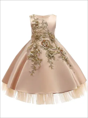 Girls Gold Pearl Embellished Tiered Holiday Dress With Flower Embroidery
