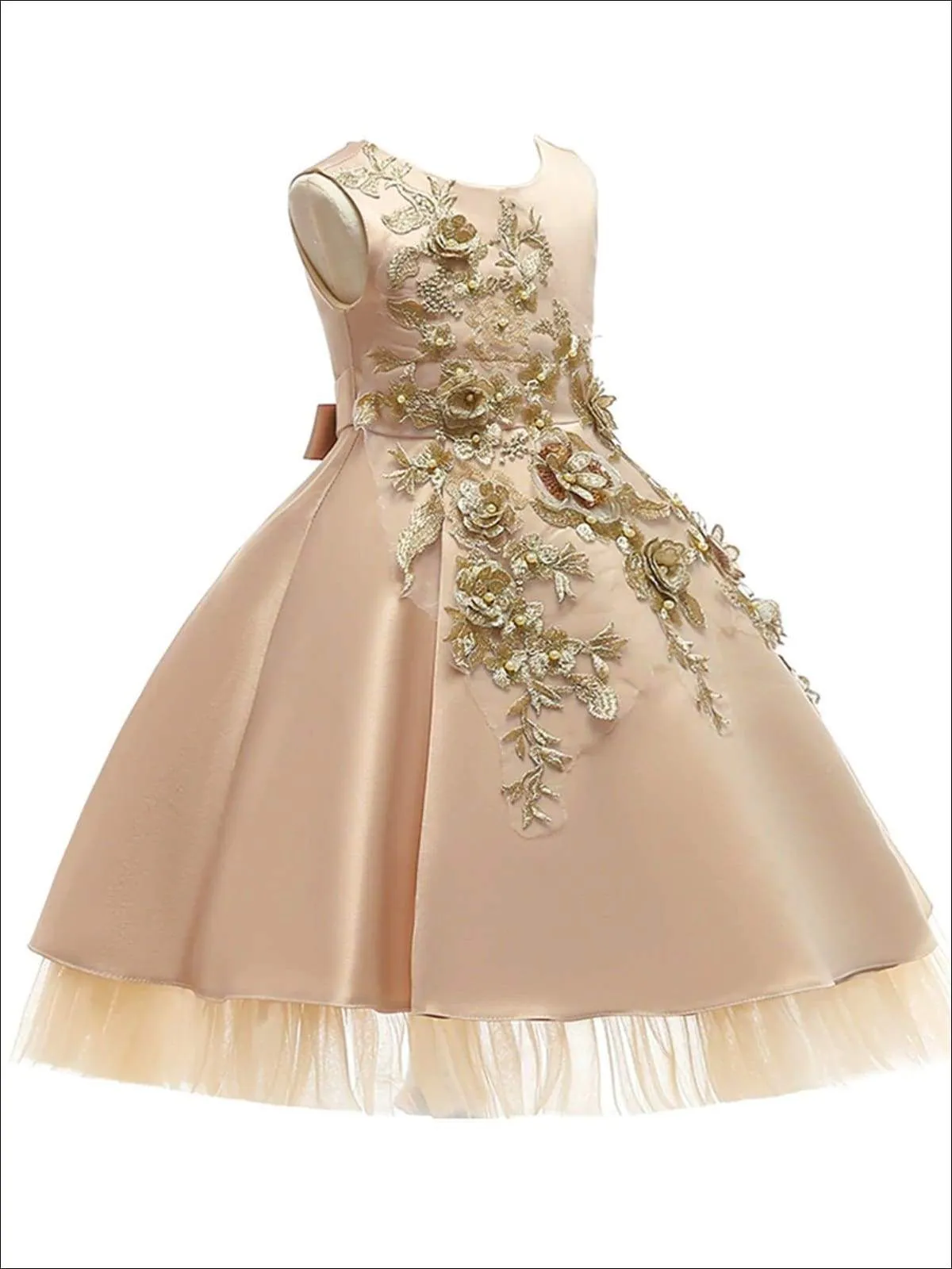 Girls Gold Pearl Embellished Tiered Holiday Dress With Flower Embroidery