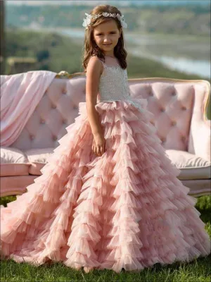 Girls Sleeveless Embellished Tiered Ruffle Flower Girl Gown