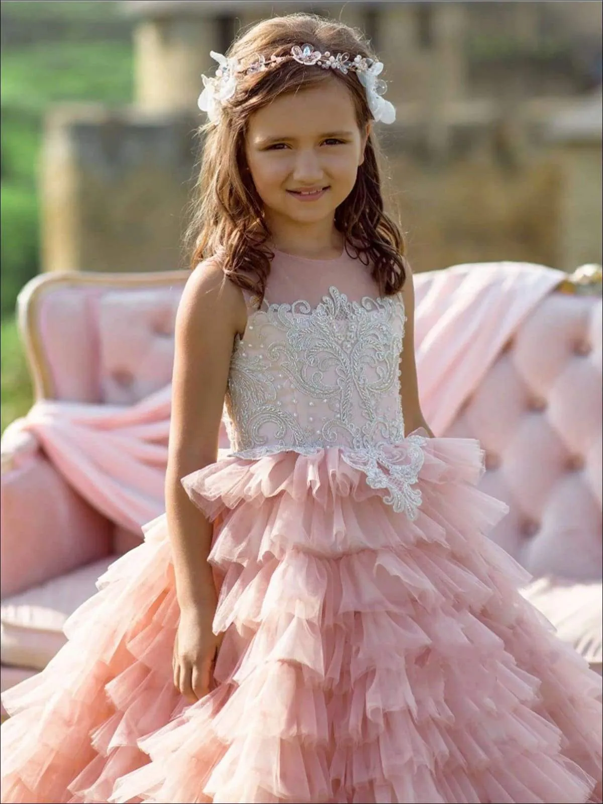 Girls Sleeveless Embellished Tiered Ruffle Flower Girl Gown