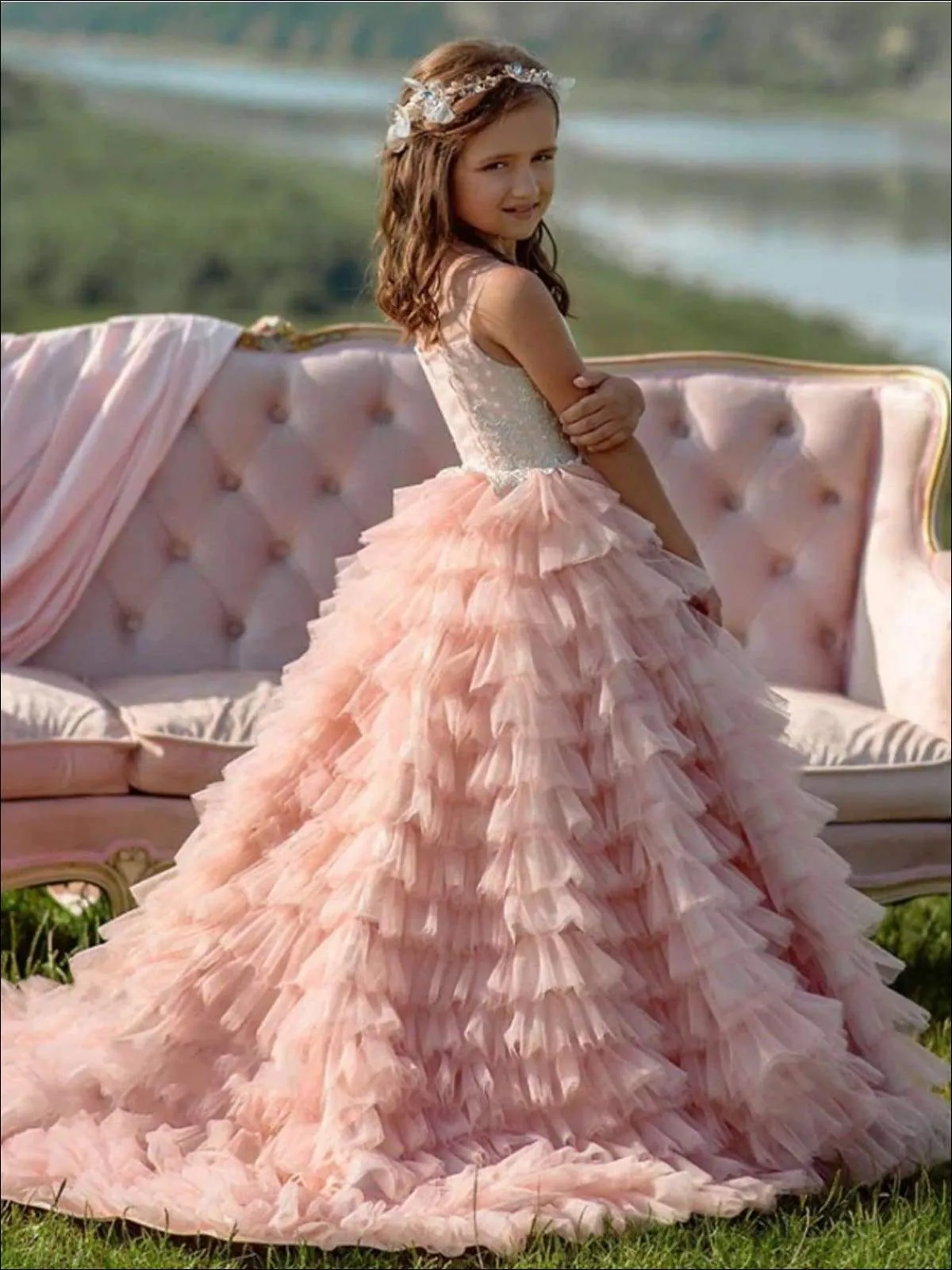 Girls Sleeveless Embellished Tiered Ruffle Flower Girl Gown