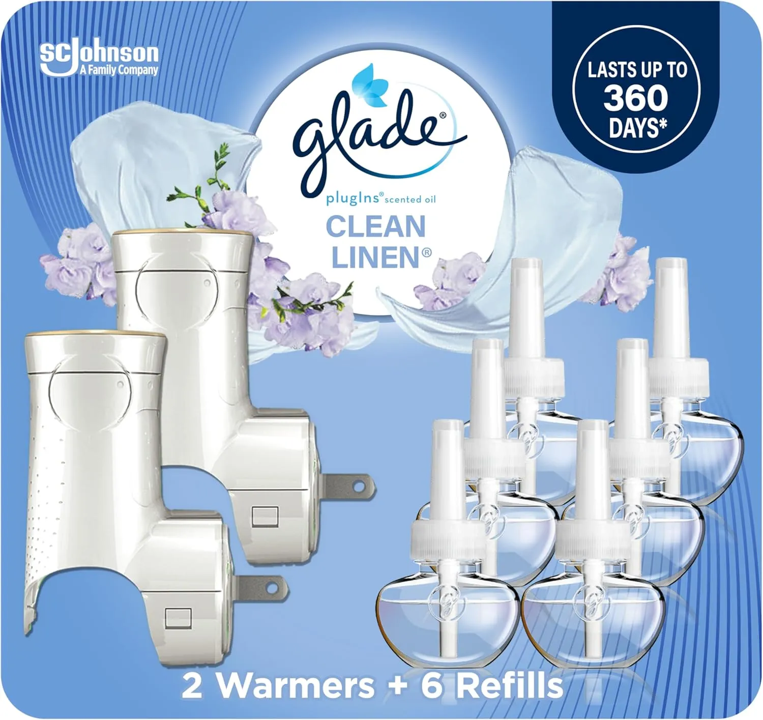 Glade PlugIns Air Freshener Starter Kit, Scented and Essential Oils for Home and Bathroom, Clean Linen, 4.02 Fl Oz, 2 Warmers and 6 Refills