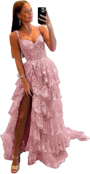 Glitter Tiered Tulle Lace Prom Dresses Long for Teens 2024 Spaghetti Straps Formal Wedding Evening Gowns VS035
