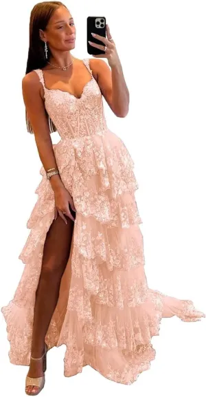 Glitter Tiered Tulle Lace Prom Dresses Long for Teens 2024 Spaghetti Straps Formal Wedding Evening Gowns VS035
