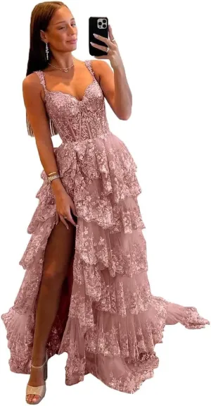 Glitter Tiered Tulle Lace Prom Dresses Long for Teens 2024 Spaghetti Straps Formal Wedding Evening Gowns VS035